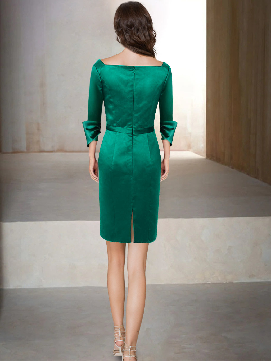 V-Neck 3/4 Sleeve Knee-Length Sheath Dress for Mother of the Bride with Sash