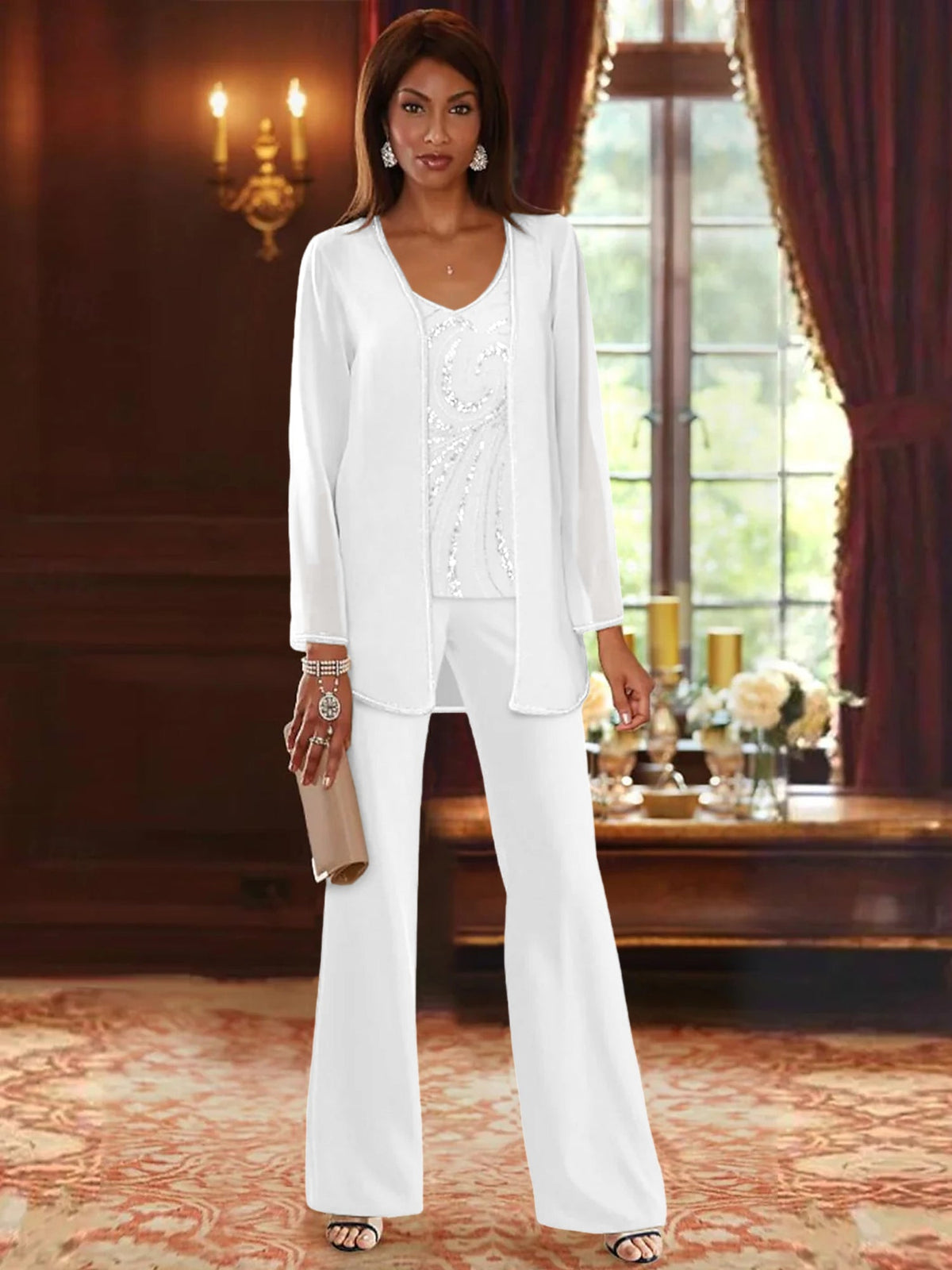 Floor-Length V-Neck Chiffon Pantsuits with Jacket & Sequins for the Mother of the Bride