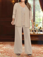 Plus Size Mother of the Bride Chiffon Pantsuit V Neck Floor Length Jacket Sequins