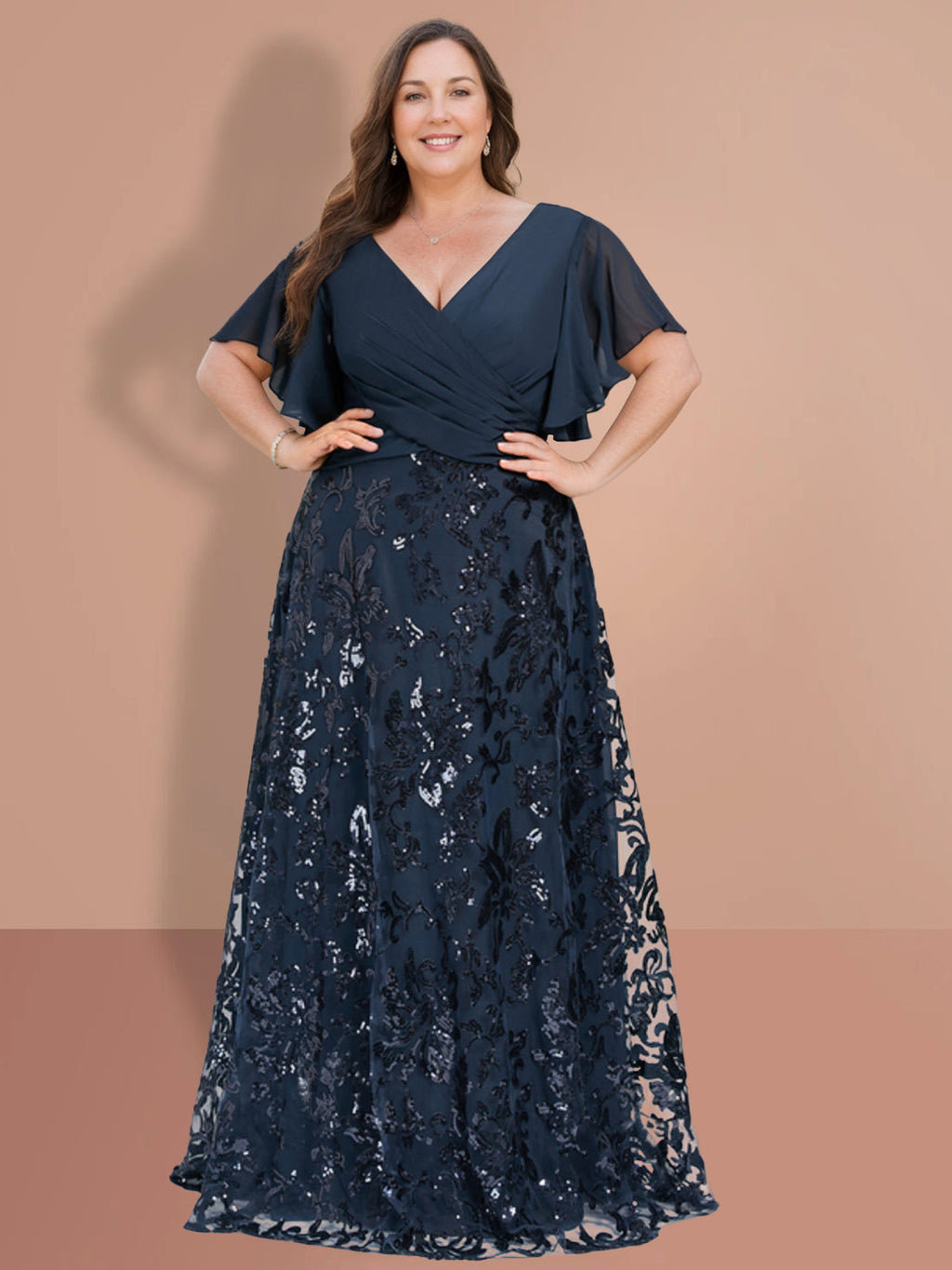 V Neck A Line Floor Length Mother Of The Bride Dress Sequined Short Sleeves