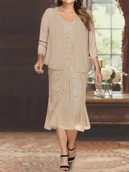 2-Piece V-Neck Chiffon Mother of the Bride Dress Set with Knee-Length Jacket and Sequins