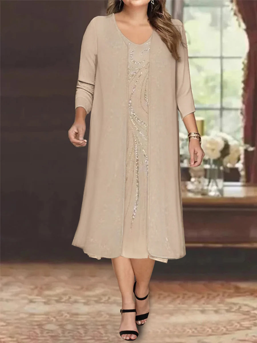 Plus Size Mother Of The Bride Dress With Jacket And Sequins V Neck Tea Length