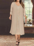 V-Neck Long-Sleeve Tea-Length Mother of the Bride Dress with Jacket and Sequins