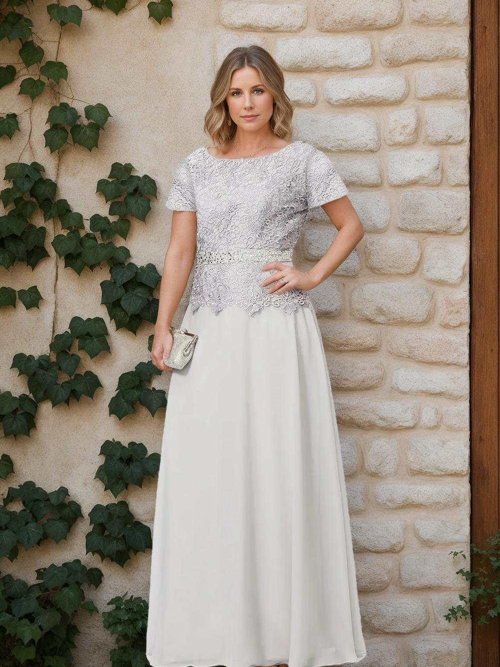 Short Sleeve A Line Mother Of The Bride Dress With Applique And Sequins
