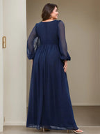 Plus Size Floor Length Mother Of The Bride A Line Dress V Neck Ruffled Sleeves