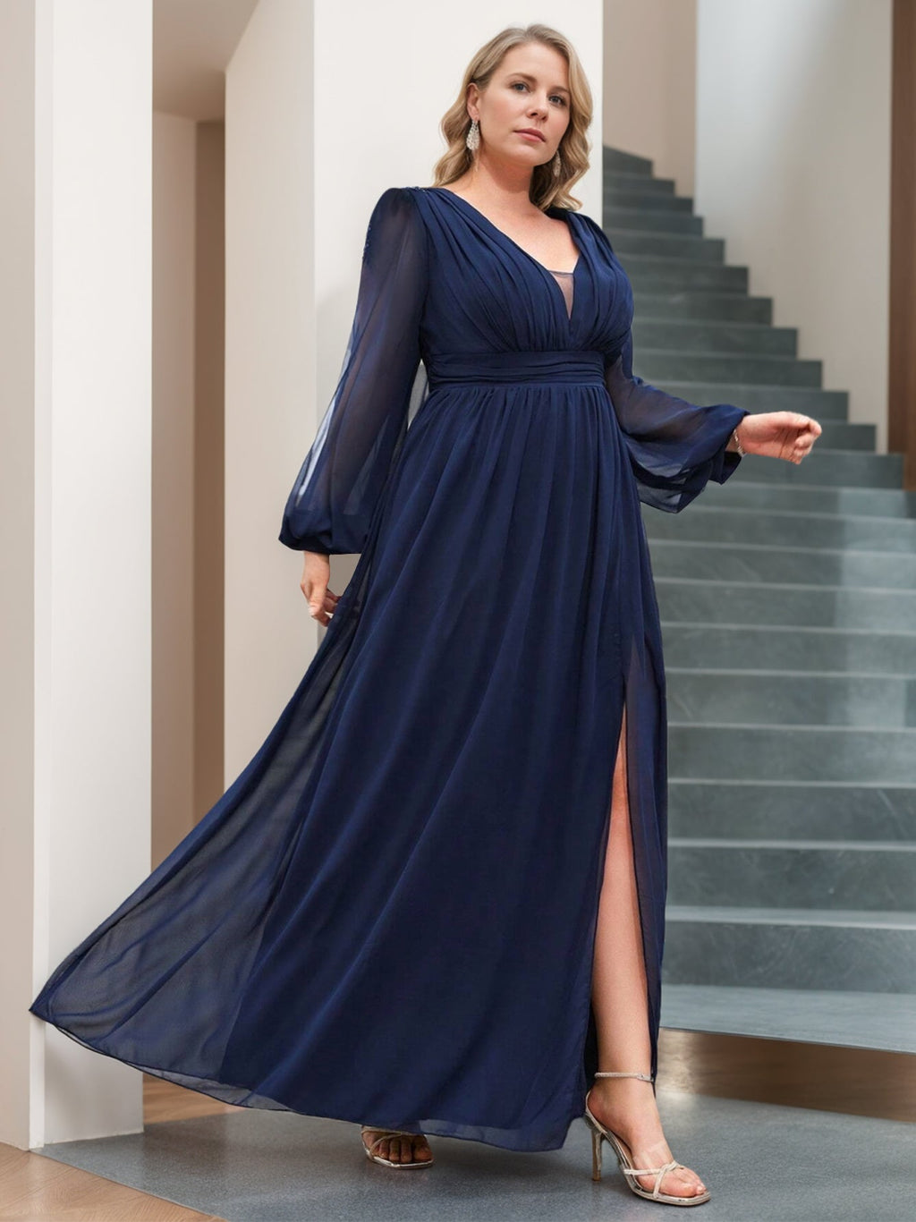 Floor Length V Neck A Line Princess Gown With Ruffles For Mother Of The Bride