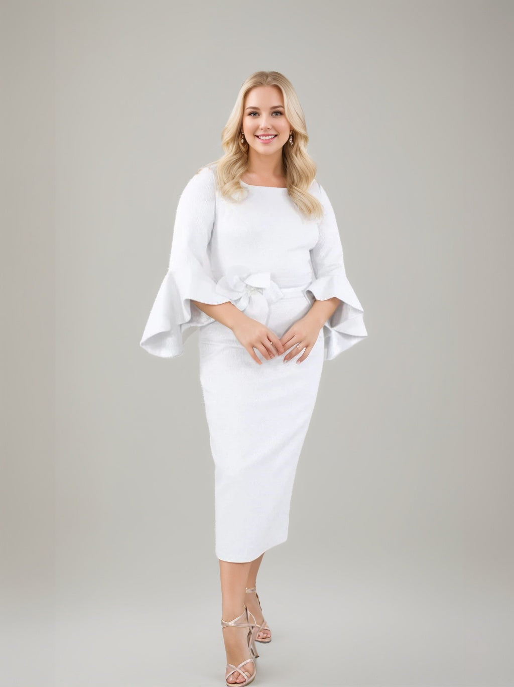 Square Neck Tea Length Sheath Dress For Mother Of The Bride With Ruffles