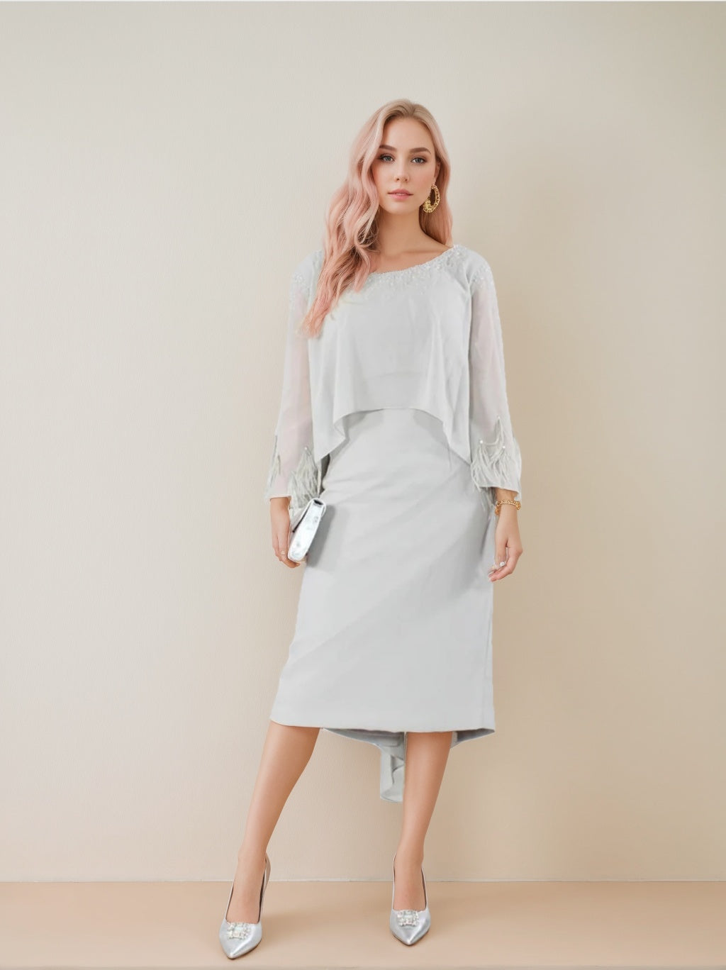 Mother Of The Bride Tea Length Dress With Tassels And Long Sleeves