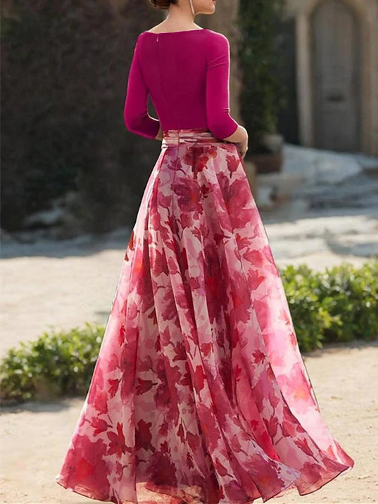 Floral Mother Of The Bride Dress With V Neck And Three Quarter Sleeves