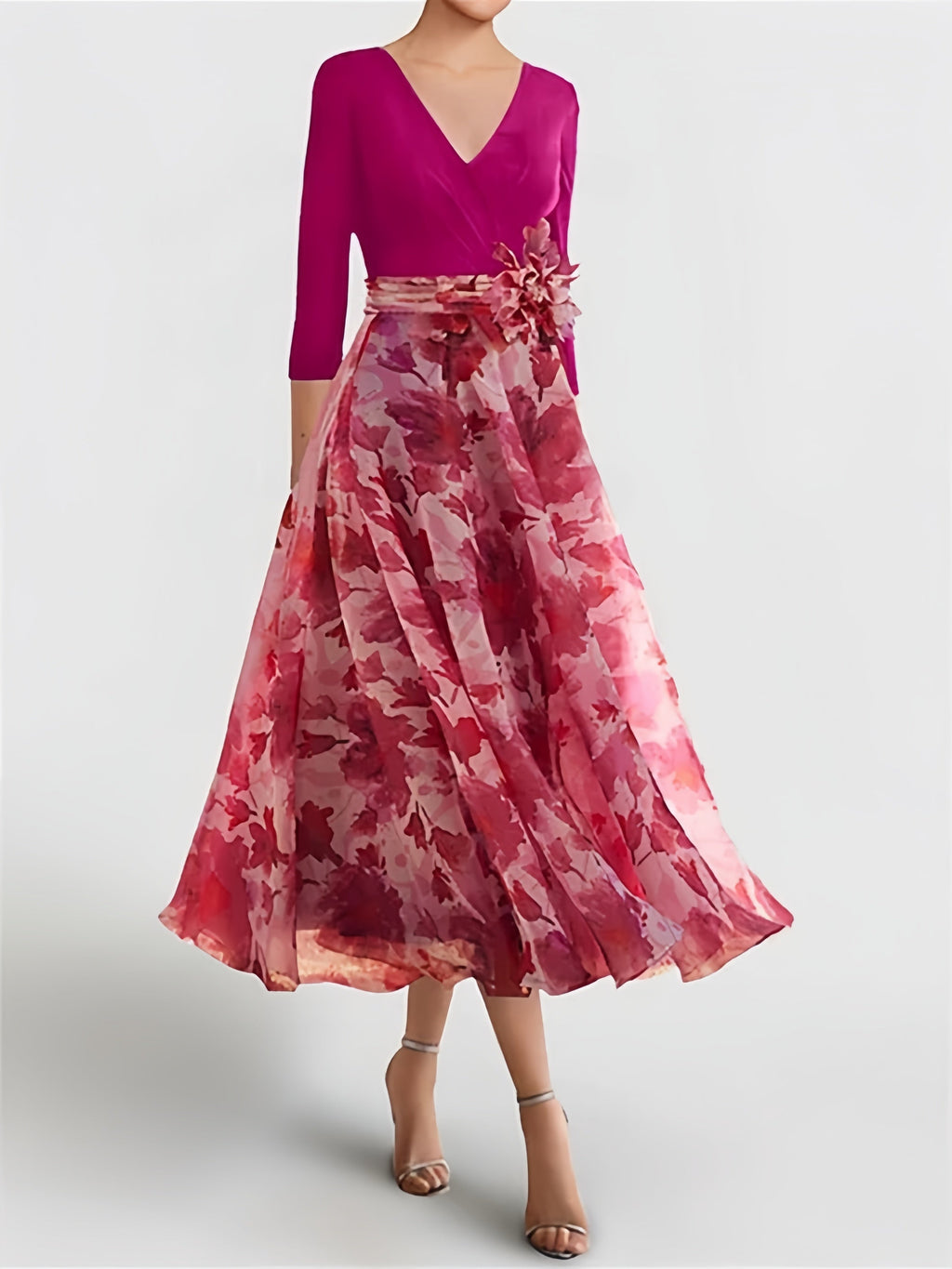 Mother of the Bride Gown a Line Floral V Neck Three Quarter Sleeves Ankle Length