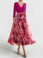 Mother of the Bride Gown a Line Floral V Neck Three Quarter Sleeves Ankle Length