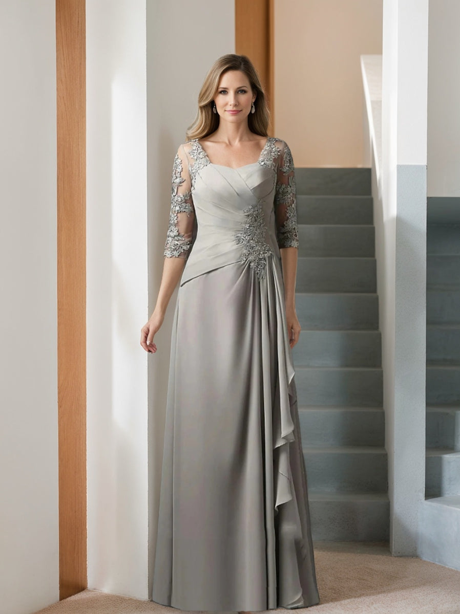 Floor Length Princess Gown With Square Neck And Half Sleeves Mother Of The Bride