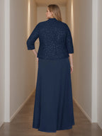Two Piece Square Neck Mother Of The Bride Dress Set Jacket Lace Sequins