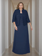 Two Piece Square Neck Mother Of The Bride Dress Set Jacket Lace Sequins