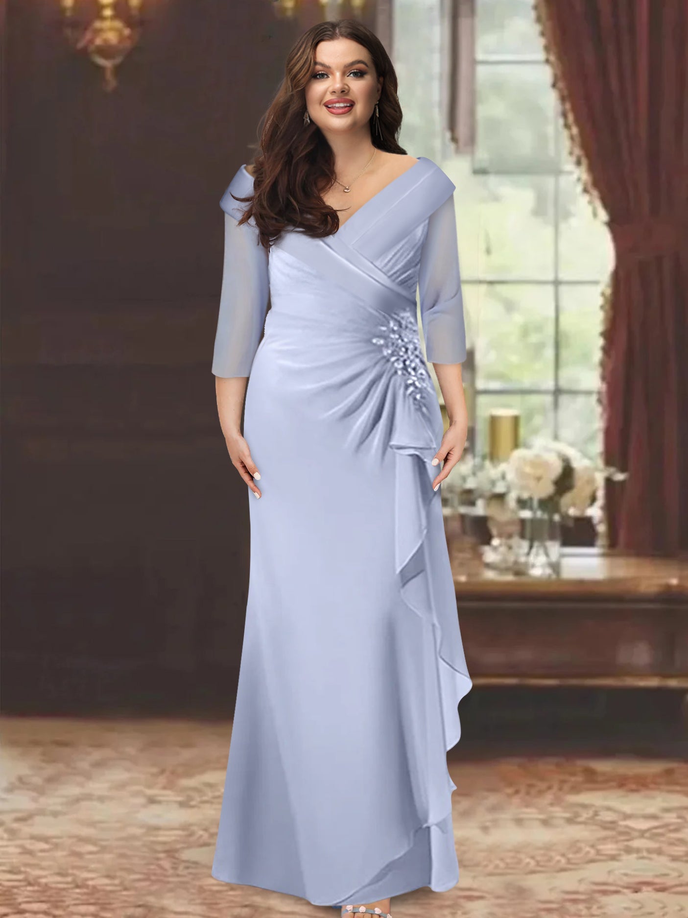 Plus Size V Neck Sheath Dress For Mother Of The Bride With Ruffles And Appliques
