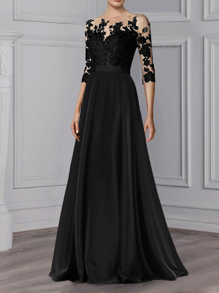 Floor Length Mother Of The Bride A Line Dress With Jewel Neck And Sleeves