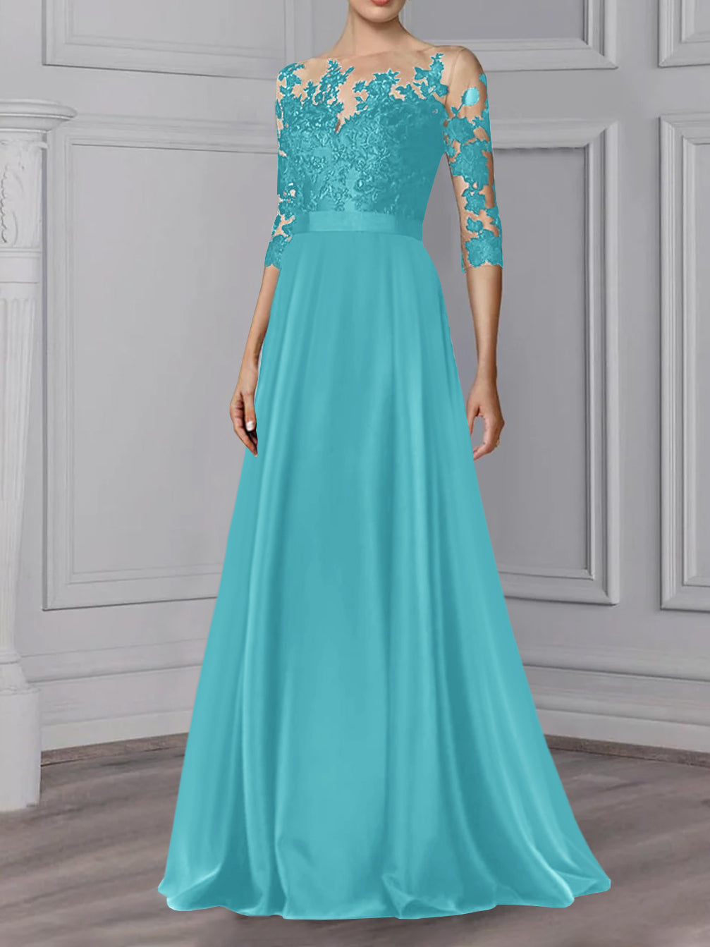 Floor Length Mother Of The Bride A Line Dress With Jewel Neck And Sleeves