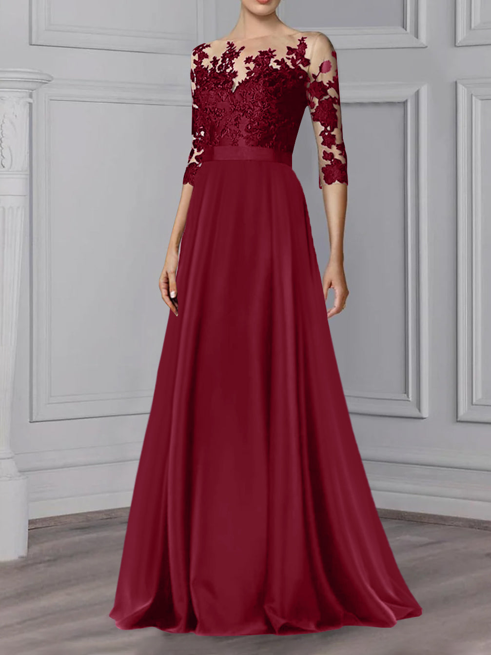 Floor Length Mother Of The Bride A Line Dress With Jewel Neck And Sleeves