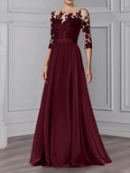 Floor Length Mother Of The Bride A Line Dress With Jewel Neck And Sleeves