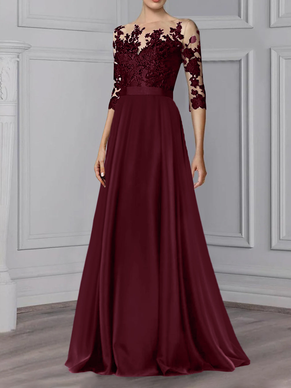 Floor Length Mother Of The Bride A Line Dress With Jewel Neck And Sleeves