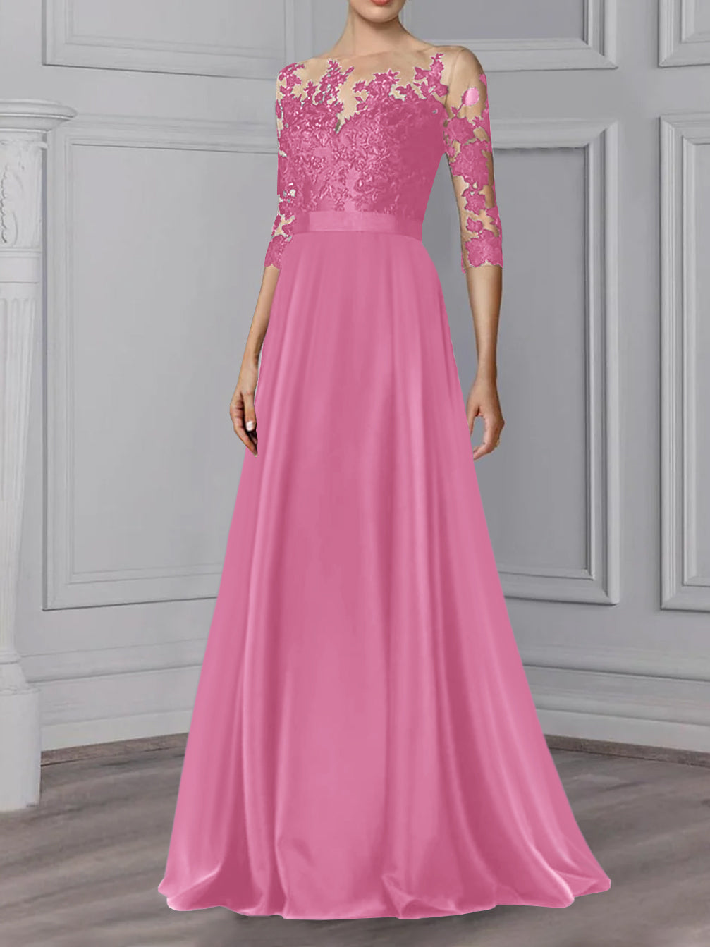 Floor Length Mother Of The Bride A Line Dress With Jewel Neck And Sleeves
