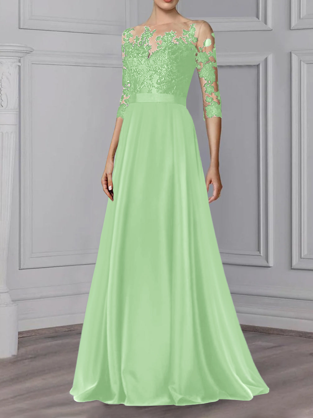 Floor Length Mother Of The Bride A Line Dress With Jewel Neck And Sleeves