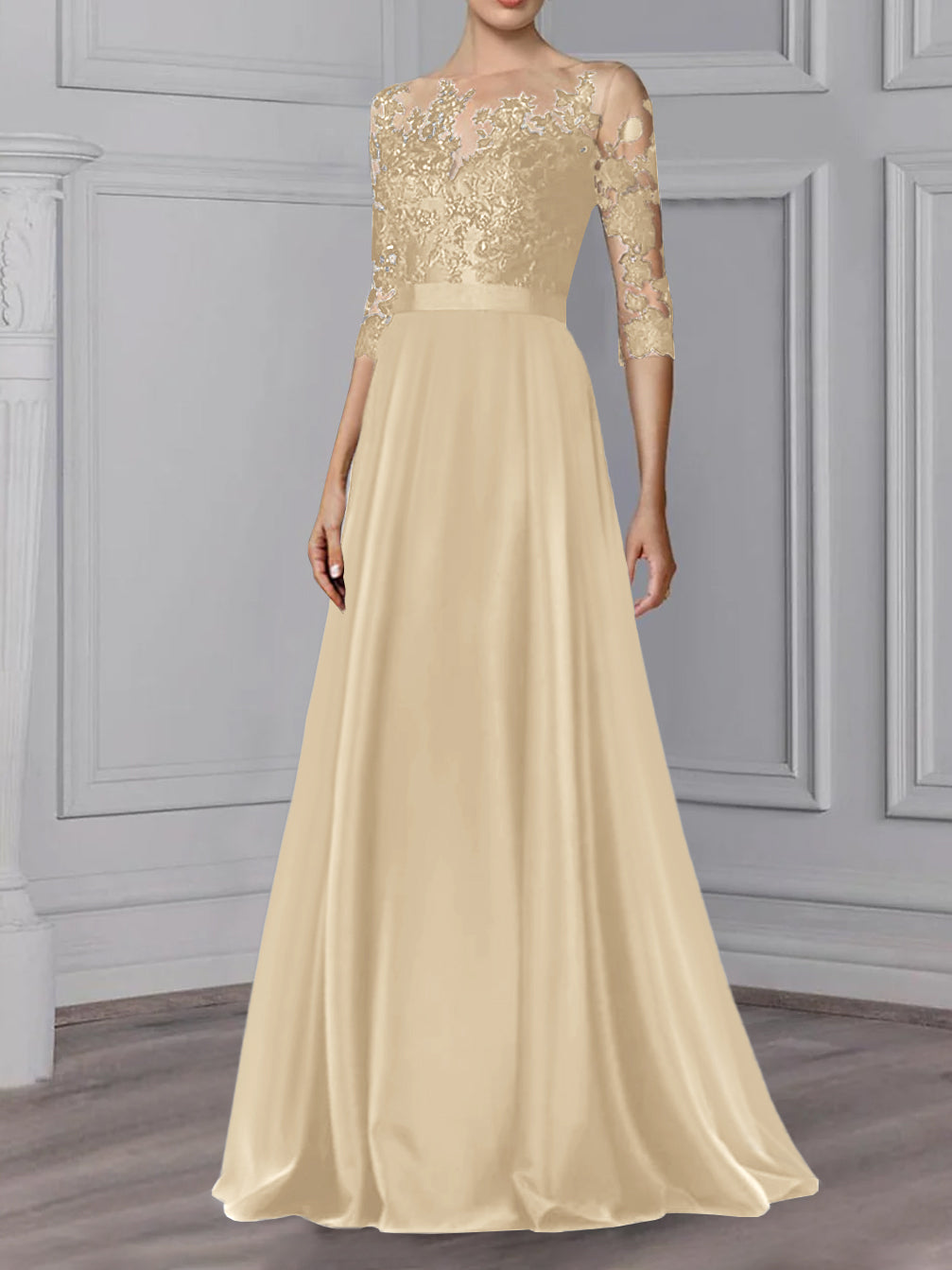 Floor Length Mother Of The Bride A Line Dress With Jewel Neck And Sleeves