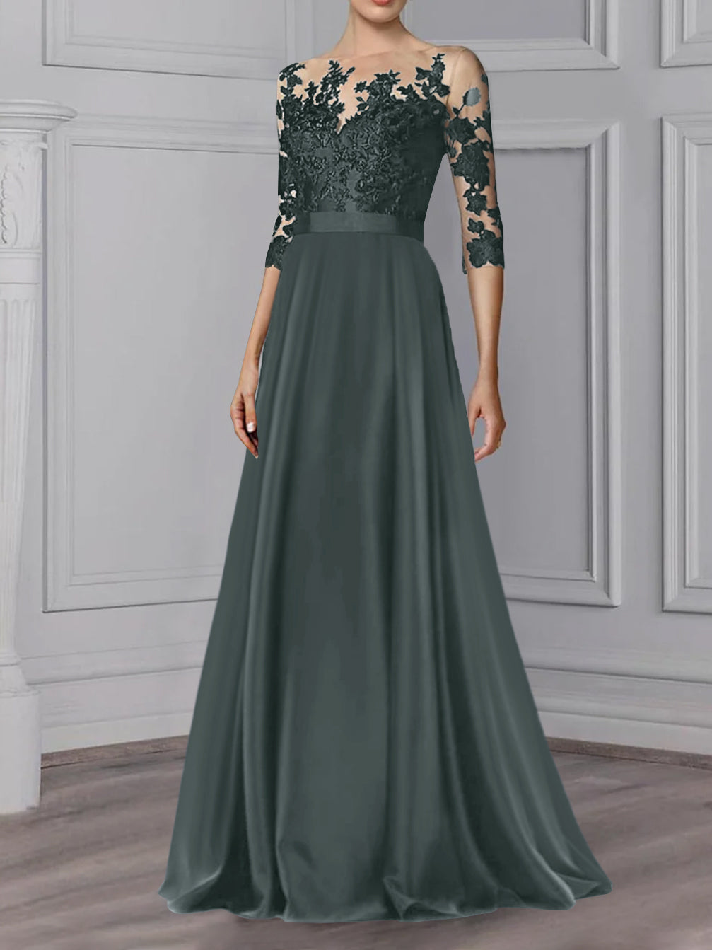 Floor Length Mother Of The Bride A Line Dress With Jewel Neck And Sleeves