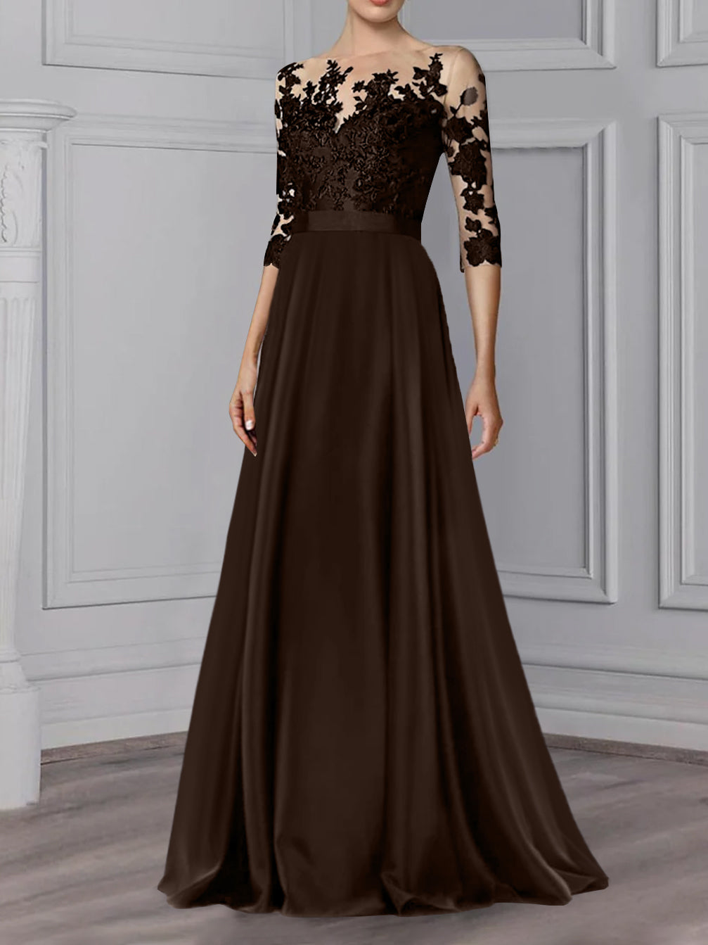 Floor Length Mother Of The Bride A Line Dress With Jewel Neck And Sleeves