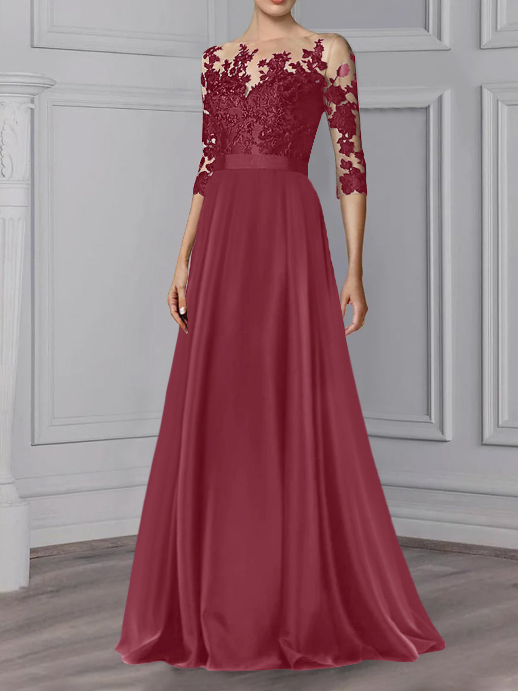 Floor Length Mother Of The Bride A Line Dress With Jewel Neck And Sleeves
