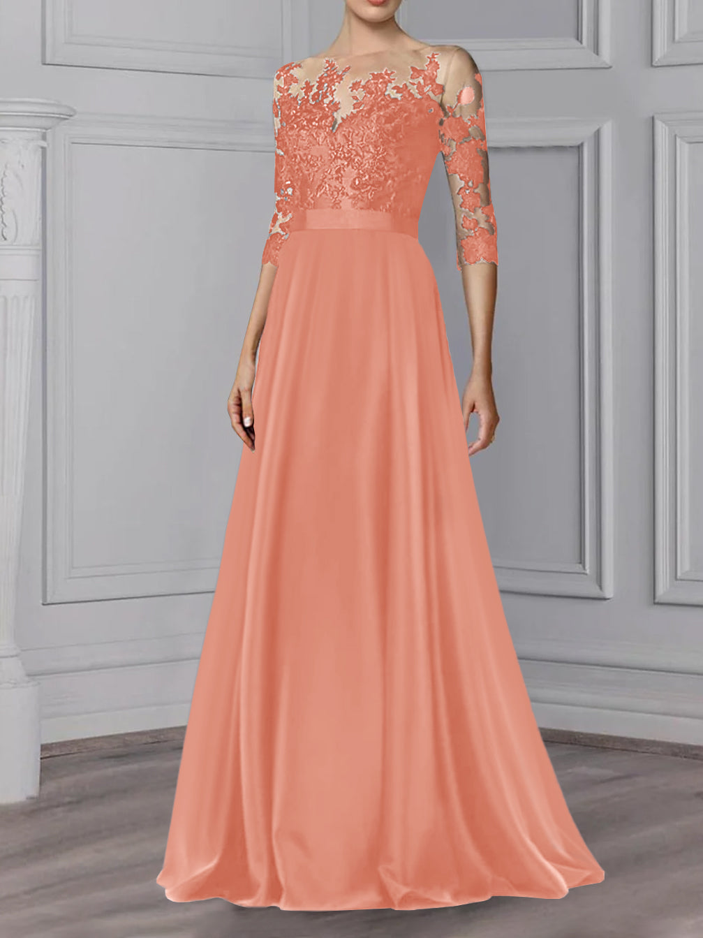Floor Length Mother Of The Bride A Line Dress With Jewel Neck And Sleeves
