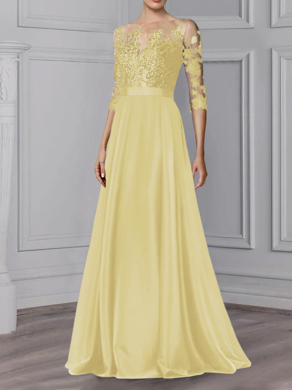 Floor Length Mother Of The Bride A Line Dress With Jewel Neck And Sleeves