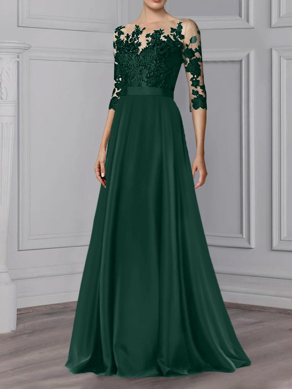 Floor Length Mother Of The Bride A Line Dress With Jewel Neck And Sleeves