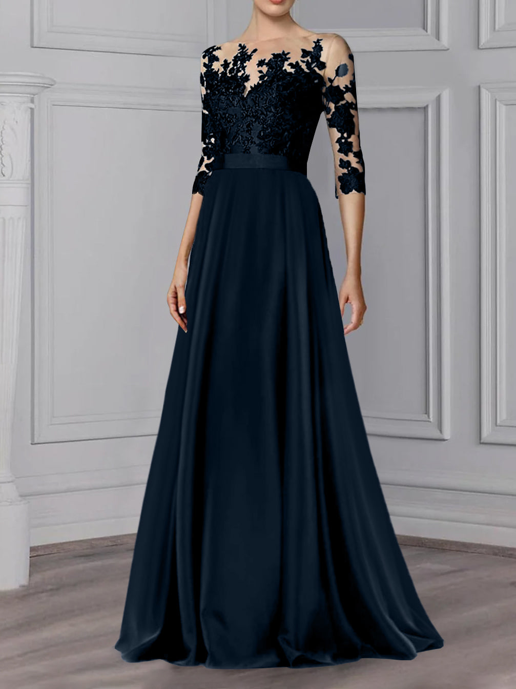 Floor Length Mother Of The Bride A Line Dress With Jewel Neck And Sleeves