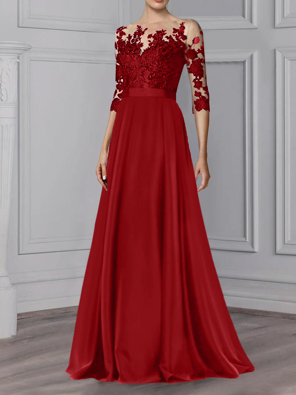 Floor Length Mother Of The Bride A Line Dress With Jewel Neck And Sleeves