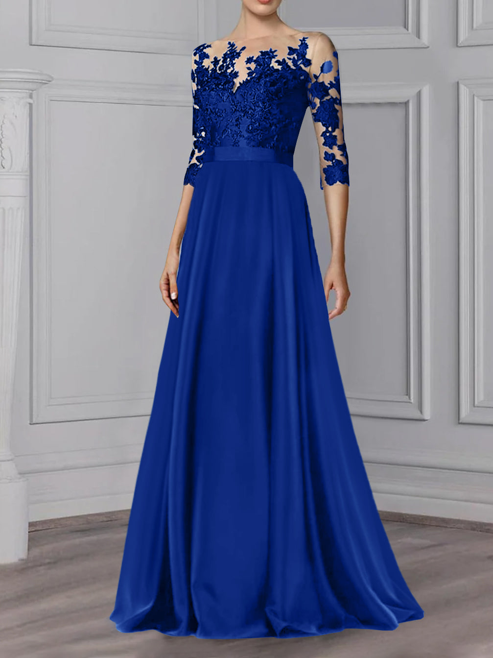 Floor Length Mother Of The Bride A Line Dress With Jewel Neck And Sleeves