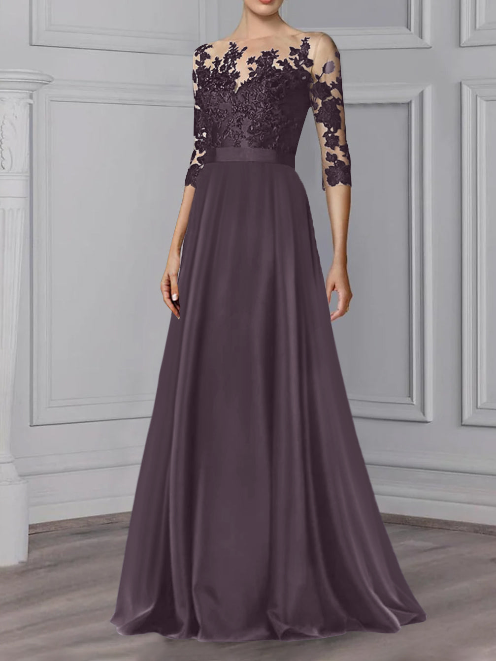 Floor Length Mother Of The Bride A Line Dress With Jewel Neck And Sleeves