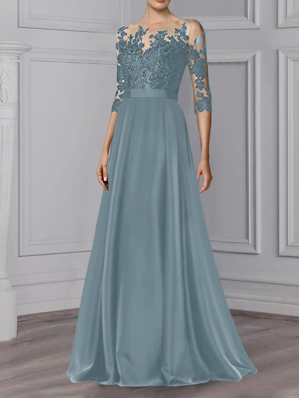 Floor Length Mother Of The Bride A Line Dress With Jewel Neck And Sleeves