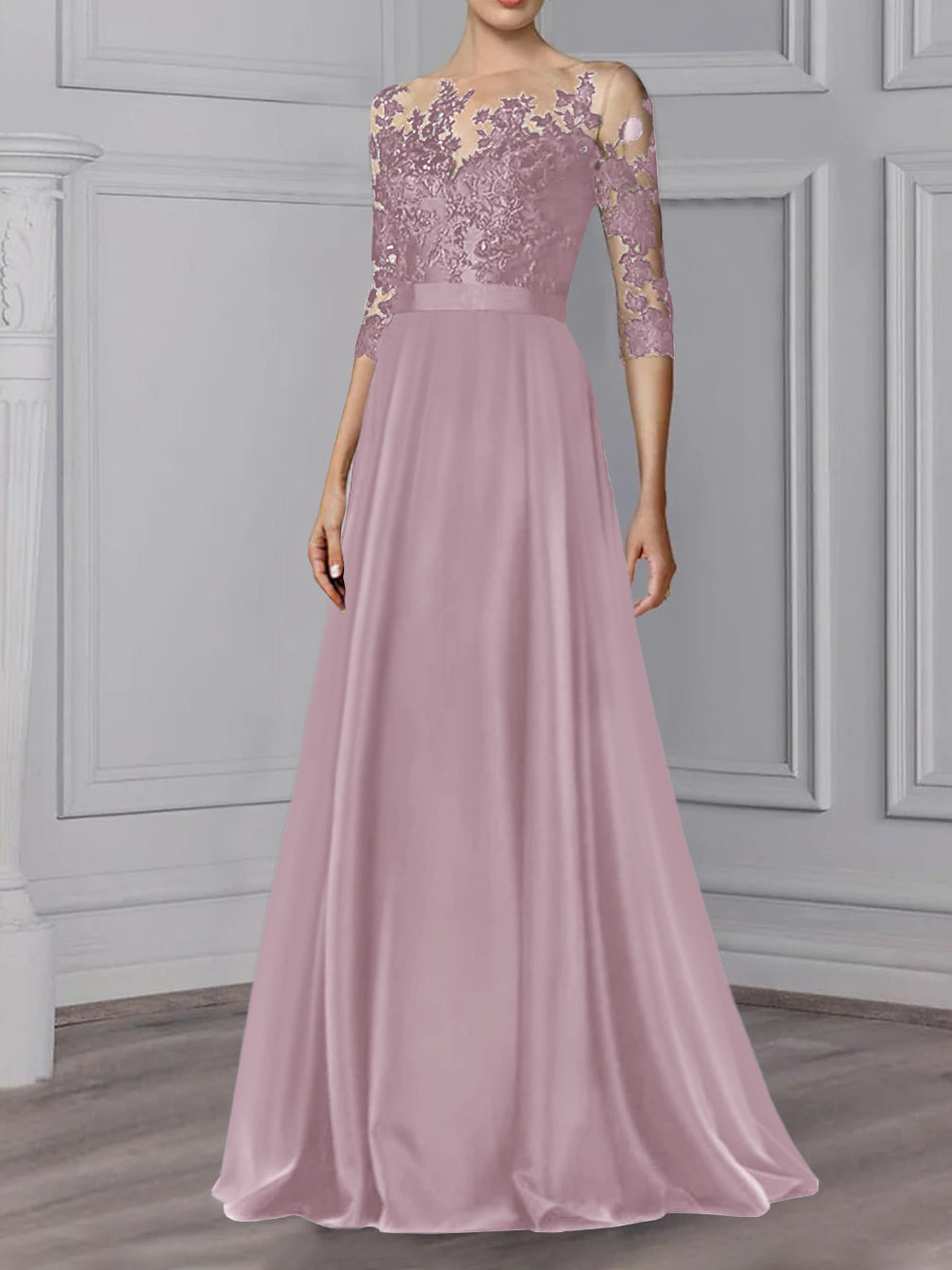 Floor Length Mother Of The Bride A Line Dress With Jewel Neck And Sleeves