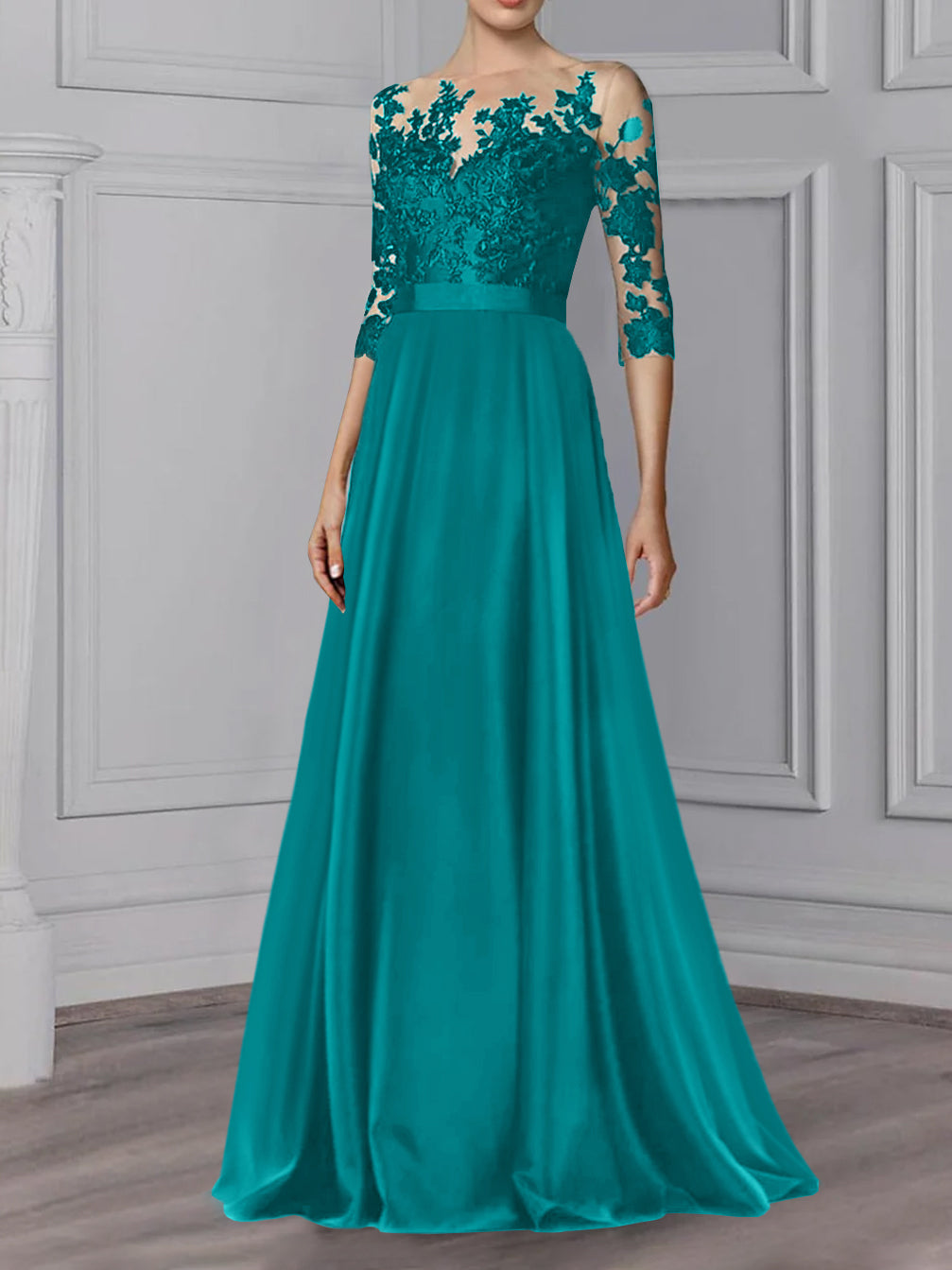 Floor Length Mother Of The Bride A Line Dress With Jewel Neck And Sleeves