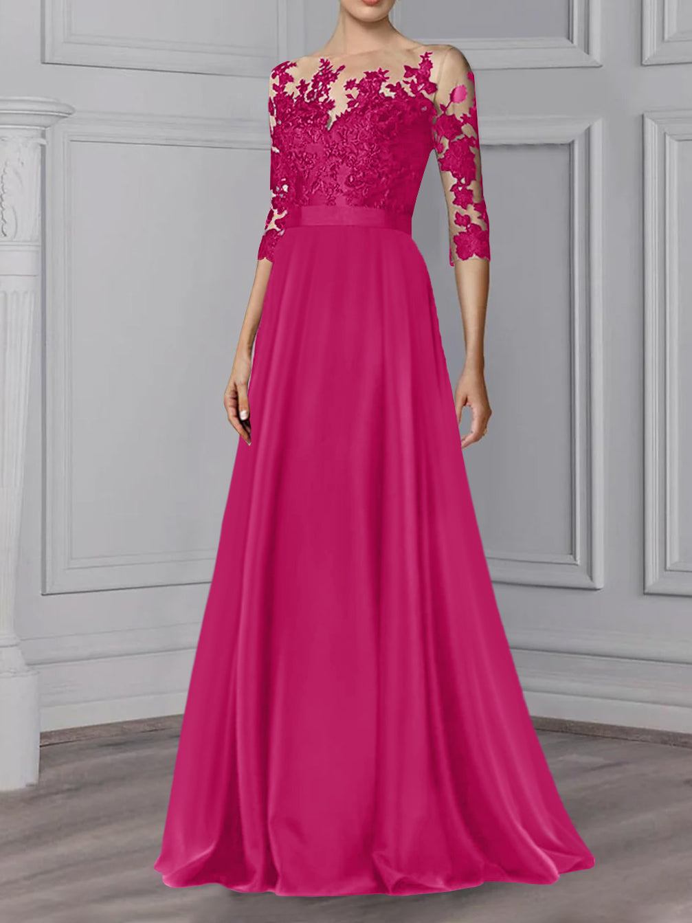 Floor Length Mother Of The Bride A Line Dress With Jewel Neck And Sleeves