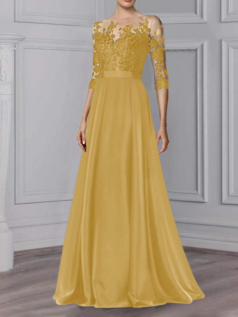 Floor Length Mother Of The Bride A Line Dress With Jewel Neck And Sleeves