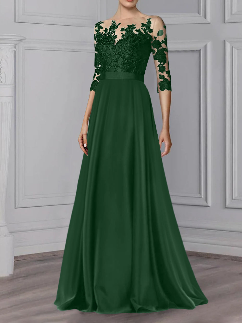 Floor Length Mother Of The Bride A Line Dress With Jewel Neck And Sleeves
