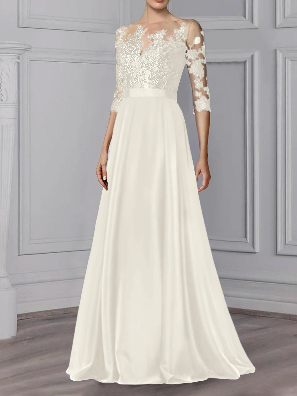Floor Length Mother Of The Bride A Line Dress With Jewel Neck And Sleeves