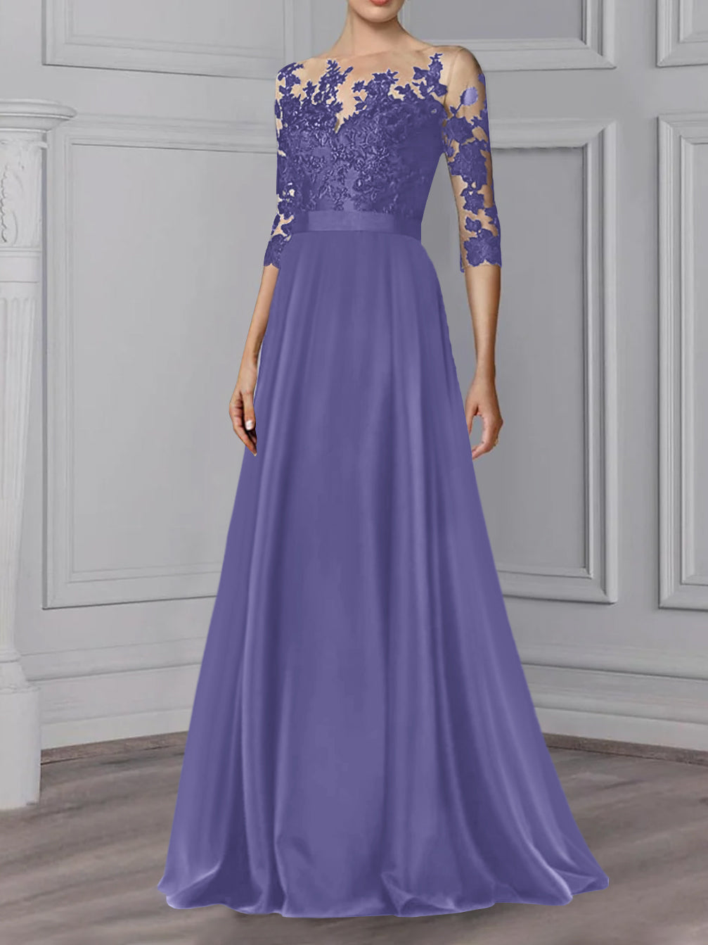 Floor Length Mother Of The Bride A Line Dress With Jewel Neck And Sleeves