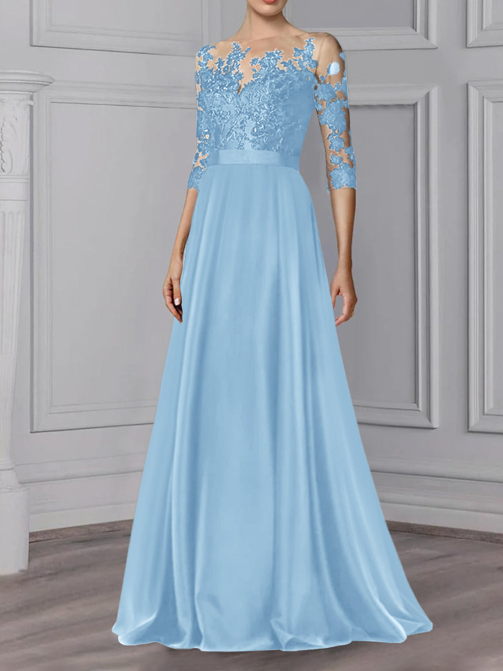 Floor Length Mother Of The Bride A Line Dress With Jewel Neck And Sleeves
