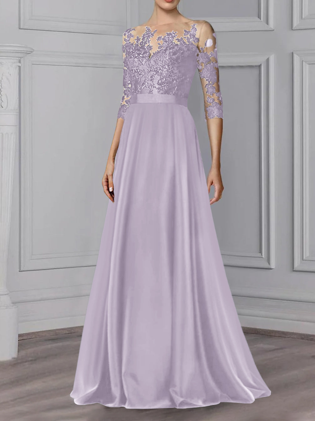 Floor Length Mother Of The Bride A Line Dress With Jewel Neck And Sleeves