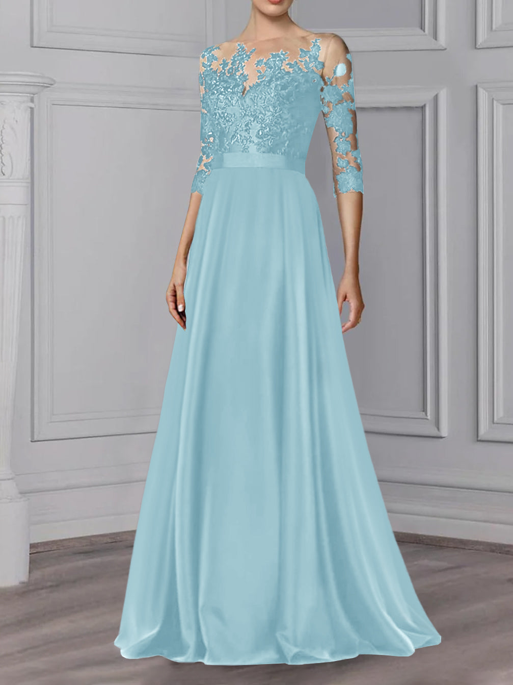 Floor Length Mother Of The Bride A Line Dress With Jewel Neck And Sleeves