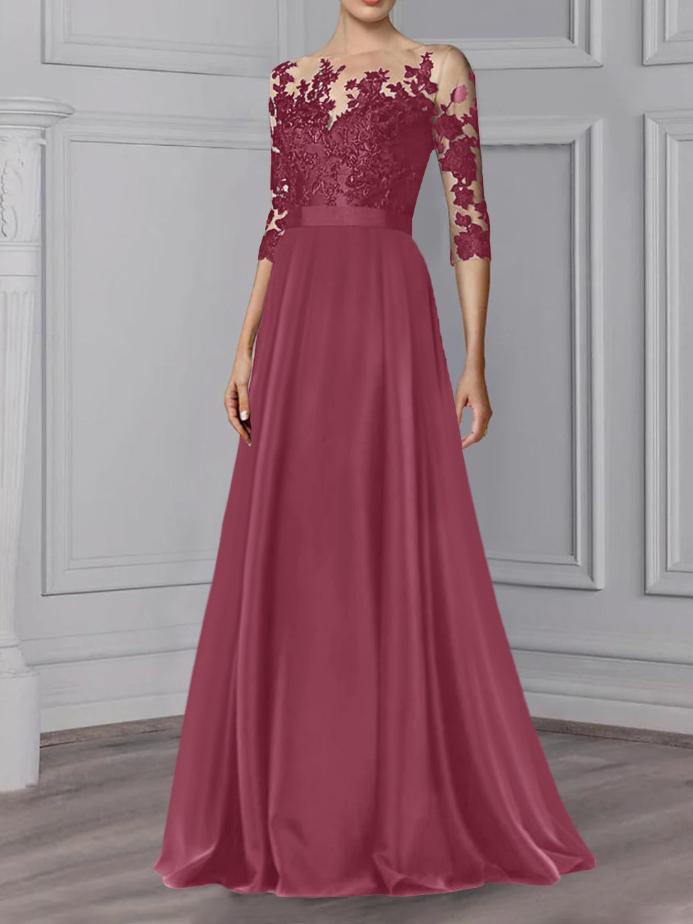Floor Length Mother Of The Bride A Line Dress With Jewel Neck And Sleeves