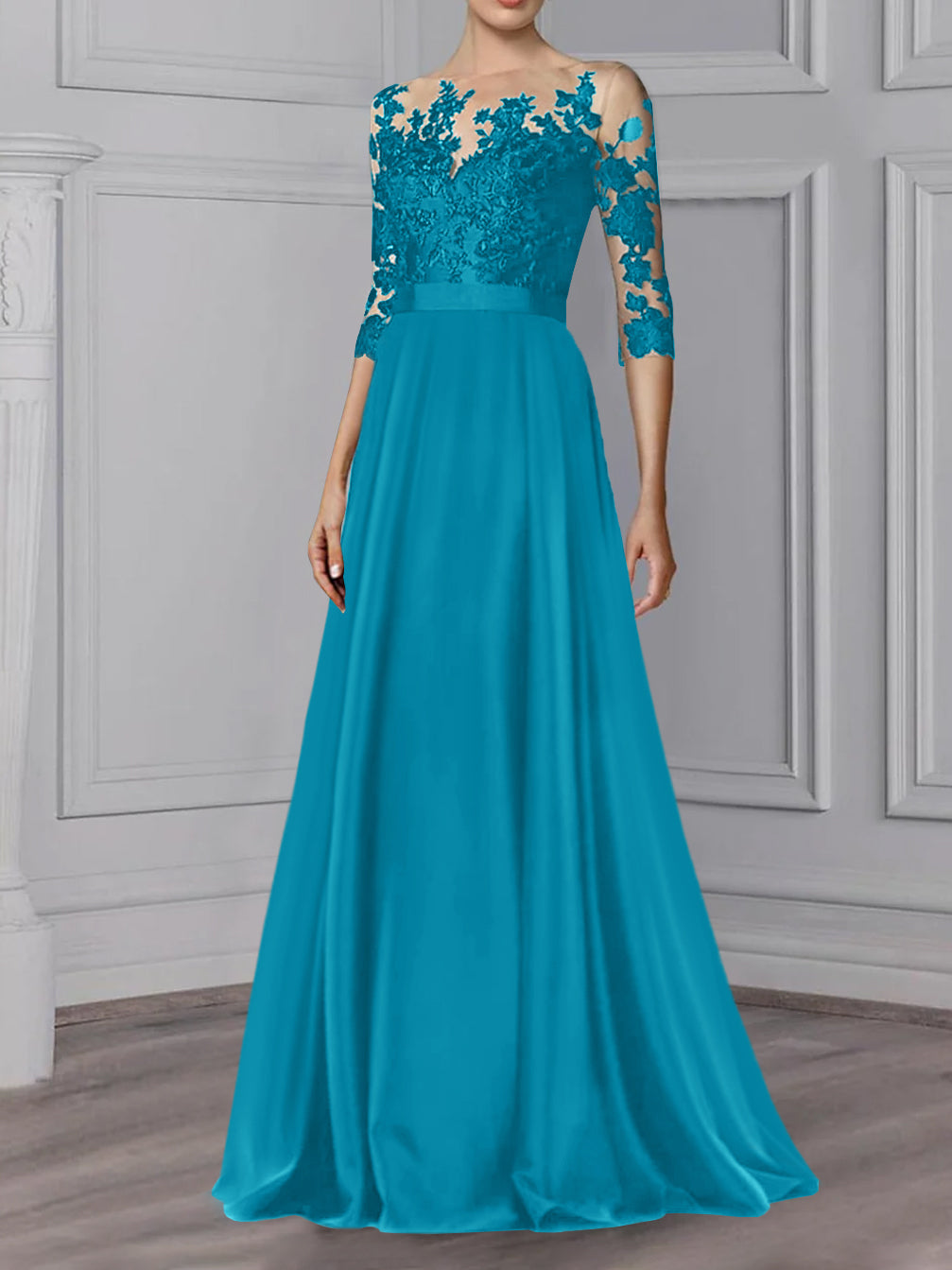 Floor Length Mother Of The Bride A Line Dress With Jewel Neck And Sleeves